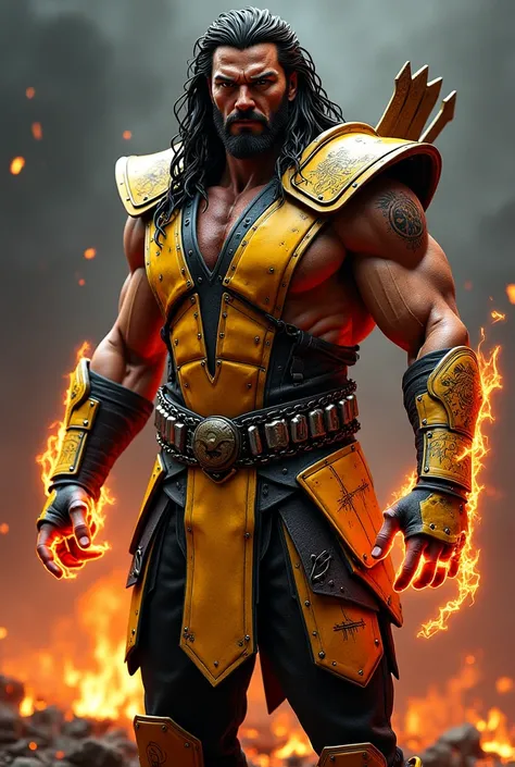 
Here's a detailed prompt for your request:

"A hyper-realistic digital painting of a fusion between Jason Momoa and Scorpion from Mortal Kombat, seamlessly combining their distinct characteristics. The character has Jason Momoa’s strong, chiseled jawline,...