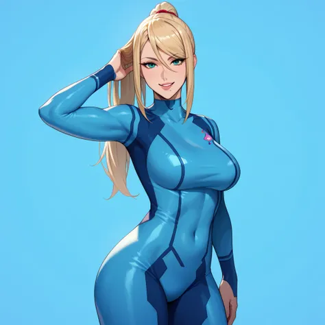 Natural Breast, 
Dimly Lit,
(Zero suit samus) samus aran, (massive boobs), serous, (bodysuit), happy smiling, hand in hair, white plain background, gloved hand, standing