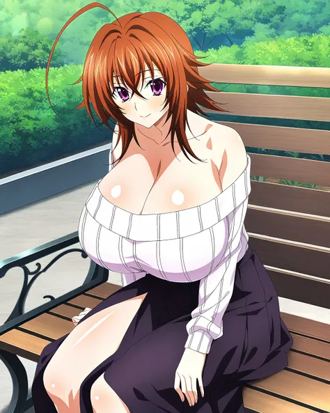 score_9, score_8_up, score_7_up, source_anime, anime coloring, anime screencap, 1girl, solo, Venelana Gremory (High School DxD), brown hair, medium hair, hair between eyes, ahoge, purple eyes, warm smile, white beautiful skin, gigantic breasts, cleavage, s...