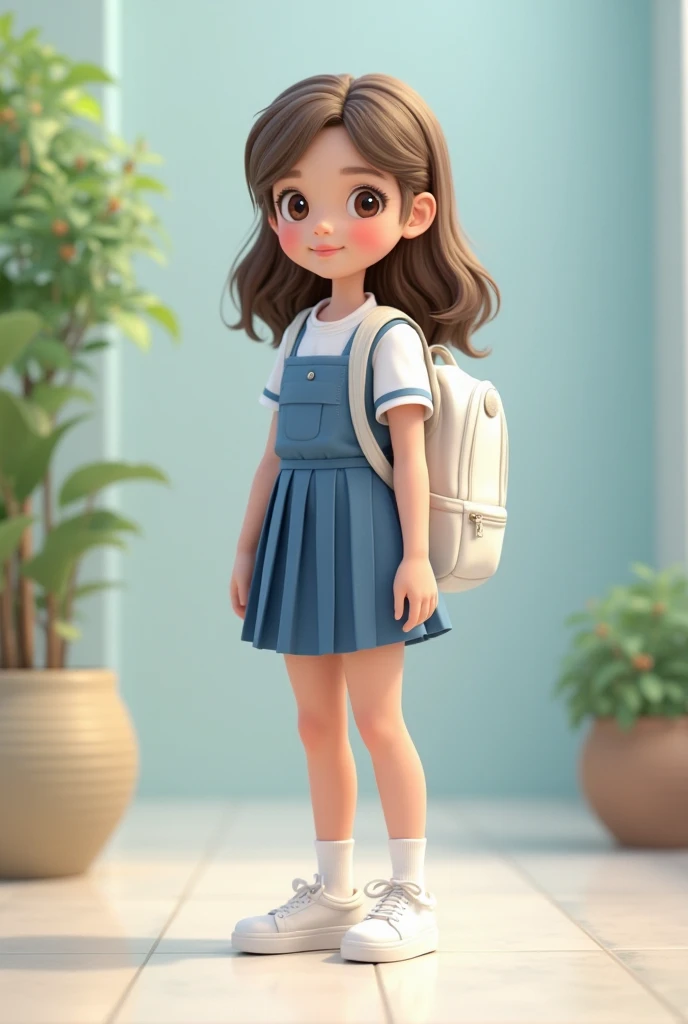 a figure of a girl smiling, with brown hair, brown eyes, wearing a blue and white school uniform, white sneakers and a school backpack.