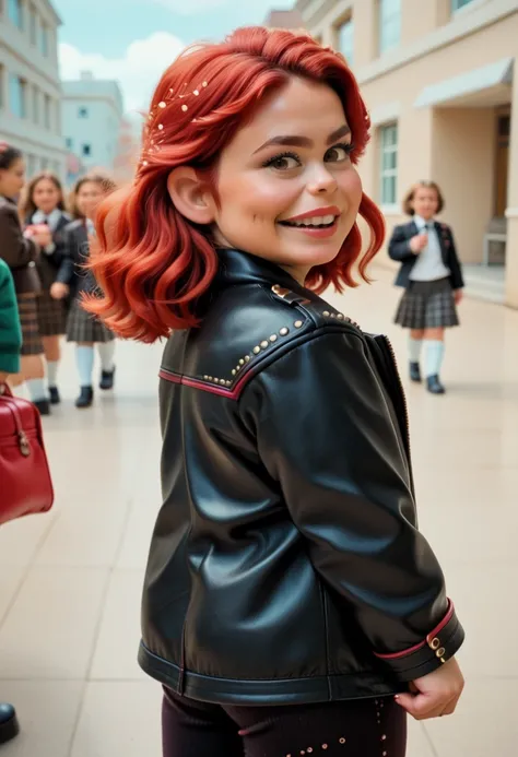   cinematic style.  retro. Chubby red-haired schoolgirls with pants and Olivia Newton John style leather jacket in the movie Grease