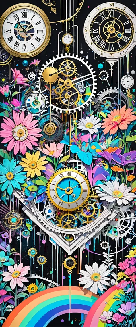 Collage painting, Clockwork, mysterious Clockwork space,  Labyrinth Space Divided by Neon Online Lights , Drip fluorescent paint, Rainbow-colored flowers blooming from the point of impact , Black and white and pastel colors, Transparent,  mysterious and in...