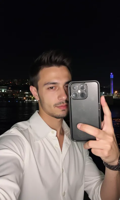 very handsome young turkish guy with muscle, black short hair fade and goatee selfie and  he is in turkey istanbul he wearing a white blouse with reverse collar he is next to sea he is posing looking left pose he is on a ferryboat his haircut is low taper ...