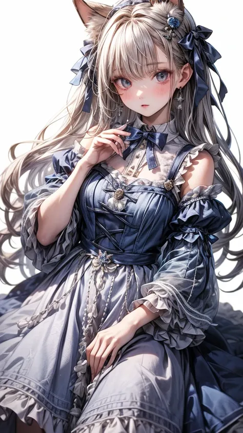  one girl, whole bodyショット、 Masterpiece,  top quality, 8k,  detailed skin texture ,  detailed cloth texture, beautiful blue dress, beautiful detailed face,  complicated details,  very detailed,  Alice in Wonderland, (A ribbon on her head:1.1), whole body