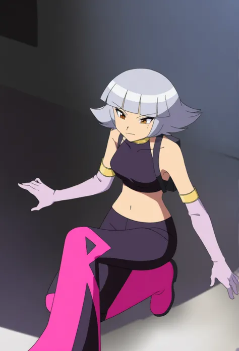 1girl, oakley, grey hair, short hair, blunt bangs, brown eyes, crop top, navel, midriff, pink elbow gloves, collarbone, black high boots, bare shoulders, black pants, sleeveless