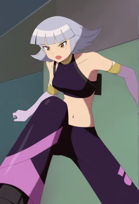 1girl, oakley, grey hair, short hair, blunt bangs, brown eyes, crop top, navel, midriff, pink elbow gloves, collarbone, black high boots, bare shoulders, black pants, sleeveless