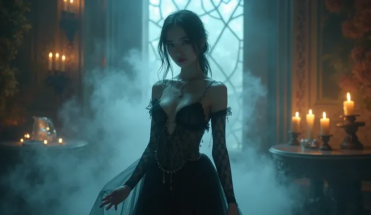 A woman stands in the center of a lavish, gothic boudoir, slutty, her form partially translucent, as if she exists between worlds. She wears a flowing, ghostly gown of black lace that seems to fade into the shadows. Her skin glows faintly, and her eyes are...