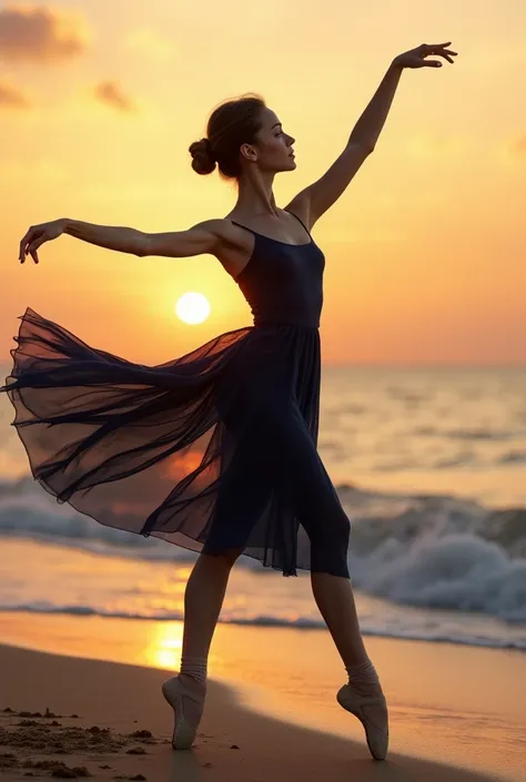 Action freeze-frame 20 years old Ukrainian ballet dancer girl, detailed, realistic, dark blue dress, dancing on the sand, sunset, outdoors, sea, close up