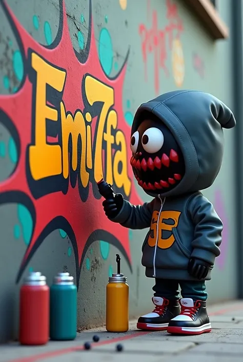 Un rendu 3D d'un plan large  personnage animé petite taille look hip hop masque tete de mort, Il peint à la bombe un, logo style graffiti sur un mur de briques. Le logo contient le mot "Emir7fa7" 