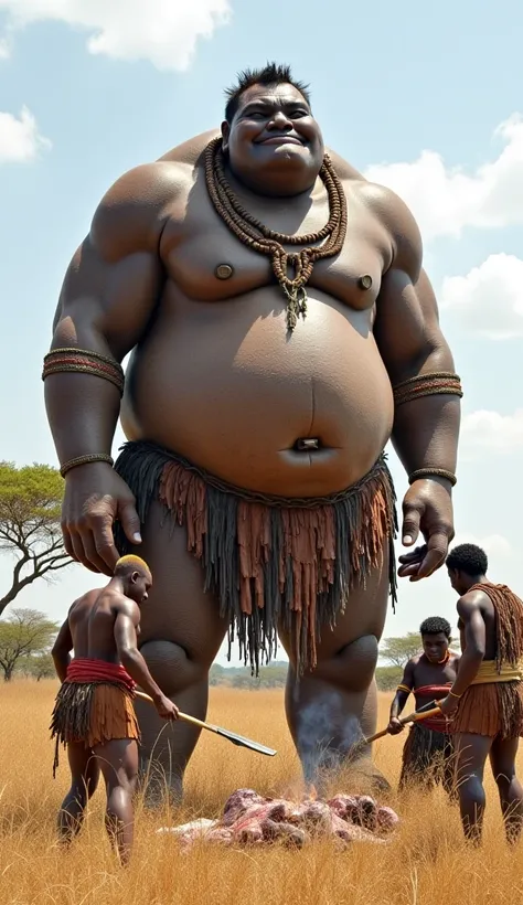 Two monstrous giants (over 12 feet tall, with massive fat bellies and broad shoulders) are helping Hadzabe hunters prepare a large hunted animal for cooking. The giants are dressed in **authentic Hadzabe attire**: animal hide cloaks, beaded belts, and leat...