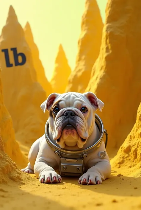  Only a bulldog dressed as an astronaut, stunned as if he had been hit on the head, fallen on the floor,  after falling from a yellow mountain , Put the letters LB in black on the mountain 