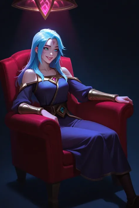 Lux character from League of Legends without clothes,  sitting in a red armchair,  smiling, with a possessive look , Traits of the Arcane League of Legends series, league of legends,  High quality cutlery,  Dark background,  artificial lighting , 