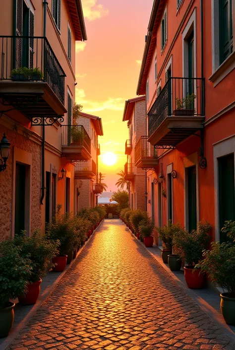  is a beautiful Italian street ,  along which there are low houses, and there is a beautiful sunset in the sky 