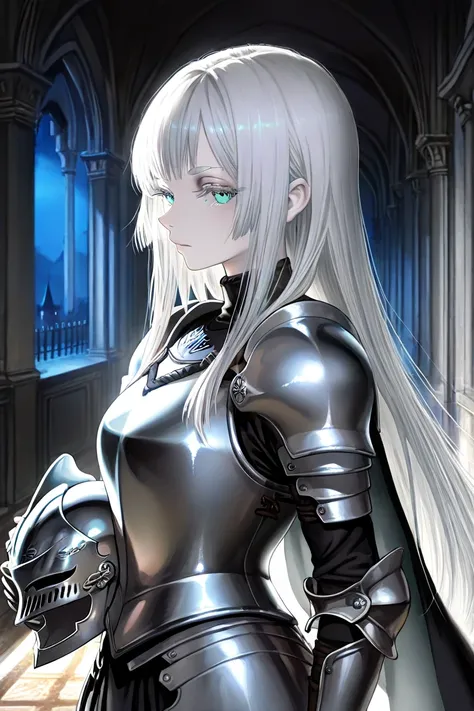 1 girl,medium mature,standing,strong serene look at viewer,aqua eyes,really light Grey pale skin,silver hair,mid long hair,straight hair,silver eyelashes,silver eyebrows,black bronze plate armor,holding the helmet at his waist,posing in semi profile with a...