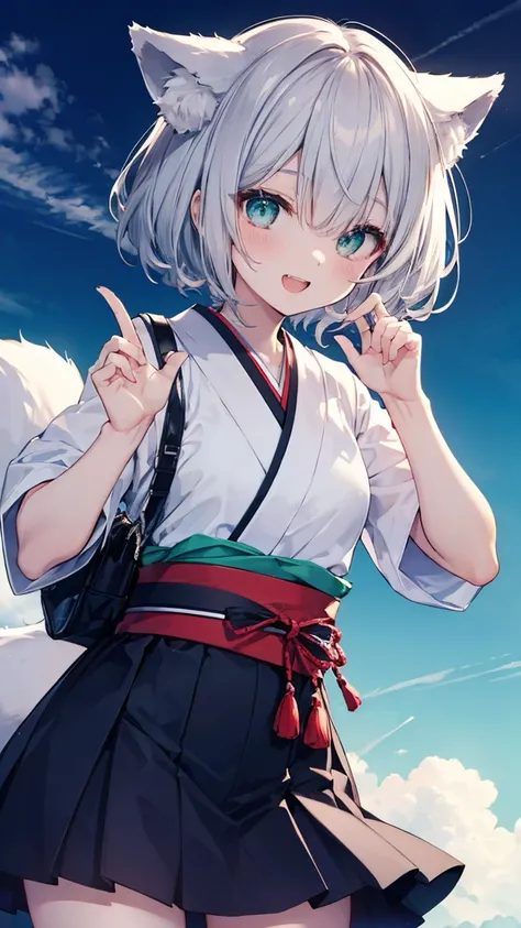   gray hair 、  illuminated in the dark 、 I had hair on one eye、summer、sea、Japanese-style town、 low angle、Cumulonimbus、 slender、open mouth、double teeth、  claw pose、smile、   Cool Personality、   boyish、July、  Japanese style clothing、 fox ears、 foxtail 、  high...