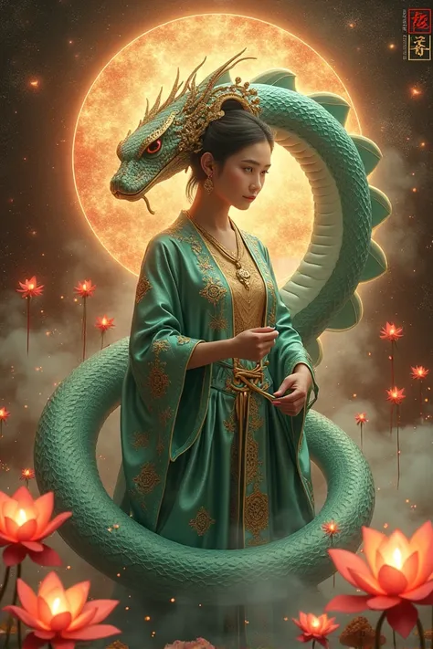 "A mesmerizing and mystical portrait celebrating ''The Year of the Snake''. A celestial serpent coils elegantly, its iridescent scales shimmering in hues of emerald green, deep sapphire, and gold. The background is an ethereal fusion of cosmic energy, glow...