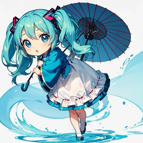  Hatsune Miku, , Japanese Umbrella, or, ( chibi:1.5),  full body,  big eyes, ( Masterpiece),  top quality