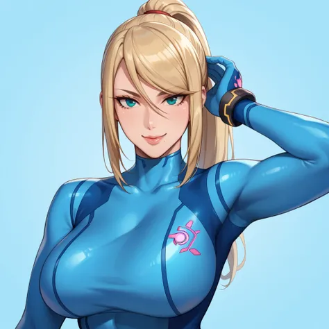 Natural Breast, 
Dimly Lit,
(Zero suit samus) samus aran, (massive boobs), serous, (bodysuit),  curvy body, voluptuous, happy smiling, hand in hair, white plain background, gloved hand, standing, zoom on bust, zoom on face, gloves