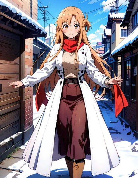 Asuna Yuki , bangs,Alone,  braided, Hair,  brown eyes,single  braided,Medium breast,smile,blush, open their mouths, red scarf,White Down Coat , ( sweater :1.2),( turtleneck:1.2), long skirt ,  boots, standing,snow,whole bodyがイラストに入るように, break looking at vi...