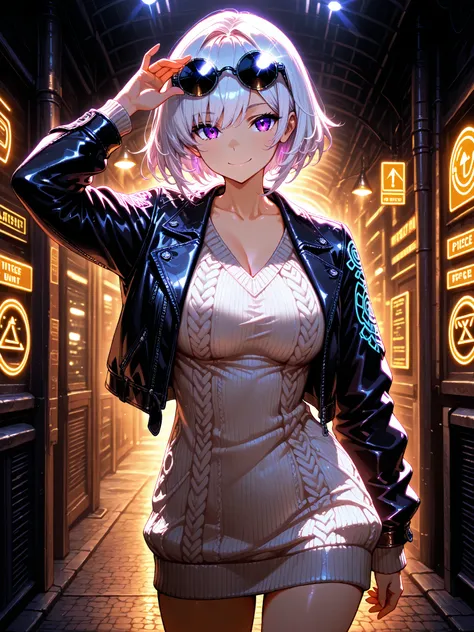 1girl,solo,midium breast,short hair,white hair, purple eyes, smile, circular sunglasses,piece sign,arm up,standing, stylish, shoulder skin, sexy, V-neck shaggy knit sweater, long sleeves,leather jacket,white background, cinematic lighting, masterpiece,best...