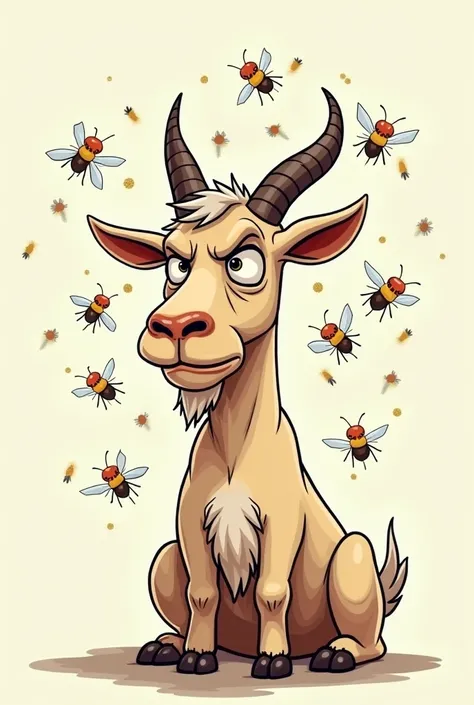 A cartoon illustration of a smelly Goat, surrounded by flies, looking unhappy.