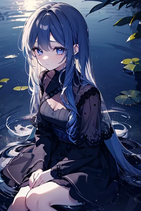 a girl sitting by a pond, looking up at the night sky, longing expression, beautiful detailed eyes, beautiful detailed lips, extremely detailed face and hair, long eyelashes, intricate dress, glowing fireflies, moonlight reflecting on the water, moody blue...