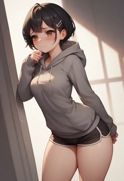 score_9, score_8_up, score_7_up, source_anime, best quality, clear face, 1girl, black hair, brown eyes, medium breasts, perfect body, standing, looking,cute nervous sad, mouth, wearing short hoodie,black mini small shorts, cute,blushing,sexy pose,teasing,w...