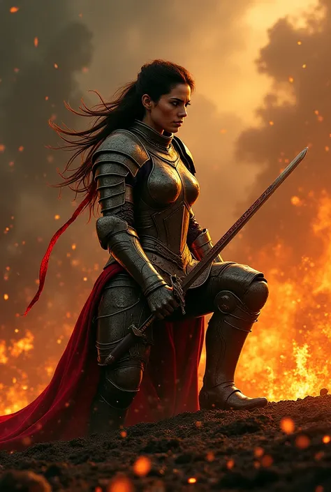 Woman in armor bleeding, plunging a shining sword in front of you on your knees with the world burning behind you