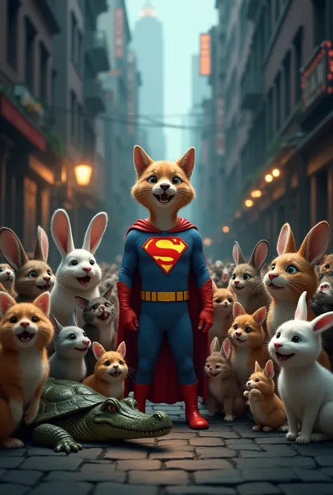 cats, dogs, Rabbits, turtles, mice, crocodile,Happy pigeons cheering on the superhero in the dark alleys of the City because he saved them from the clutches of the villain. 