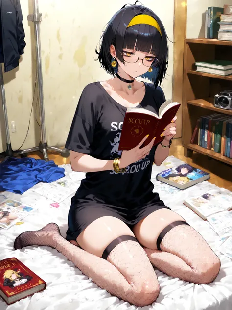 Messy room, huge_filesize, 1female, solo, straight hair, black short hair, messy hair, blunt bangs, yellow eyes, tired look, small breasts, no socks, fishnet thighhighs, no shoes, earrings, glasses, black choker, armlet, bracelet, yellow hairband, loose t-...