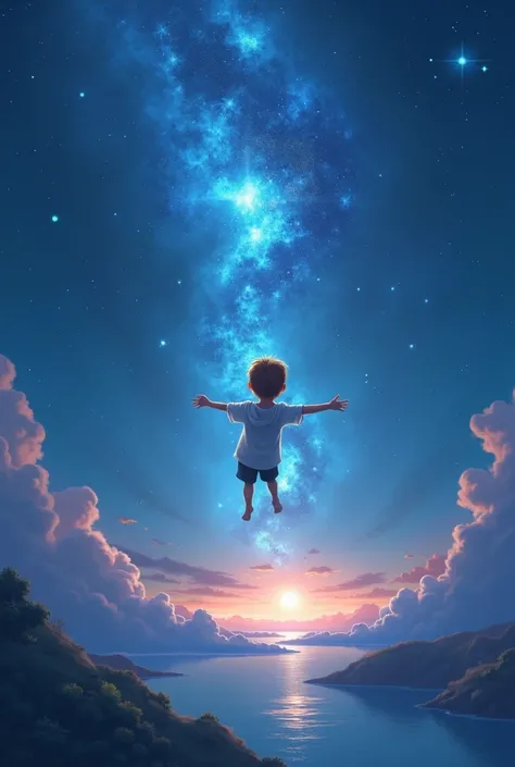 Animated image of deep feeling ,  where the boy was floating towards Riva as if he were traveling on a stellar journey. And instead of a  who is a young man with an ancient art theme 