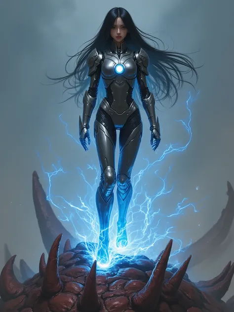 A very beautiful asian girl. Slim body, long black hair. Wearing combination between ironman and light medieval armor, Hovering by emitting steady stable blue plasma from the sole of her feet, over a big monster carcass, Full body view.