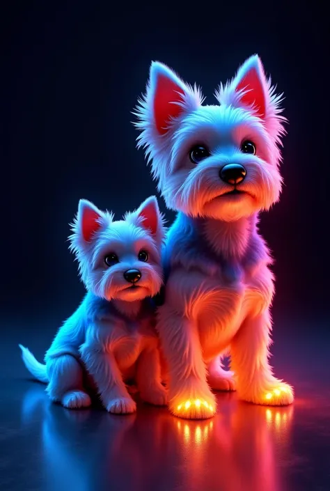 A digital version in neon style of an adult Yorkshire terrier dog next to a puppy dog of the same breed.  Use a bright blue outline for cold elements and orange for warm elements.  Dark background to highlight the neon colors .  Vibrant lighting with the e...