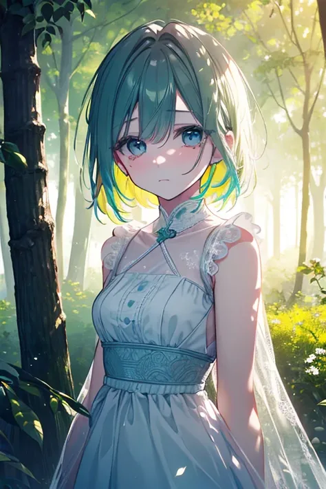 a beautiful sad girl, detailed face, emotional expression, longing gaze, tears in her eyes, wearing a delicate dress, standing in a serene nature landscape, sunbeams shining through the trees, vibrant colors, cinematic lighting, photorealistic, 8k, highly ...