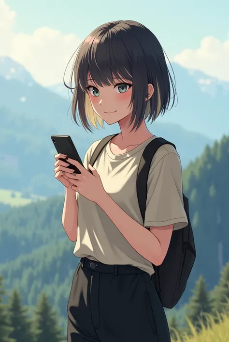 17-year-old girl genshin style ,  with hair around her shoulders butterfly style cut with bangs ,  highlights in her hair between light and dark ,  dressed in black pants and short shirt with beige shoulder sleeves with cell phone in her hand in the backgr...