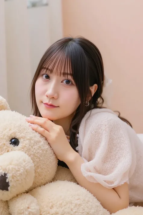  Korean girl lying on a cute teddy bear、Modeling photo of smiling with her hands on her face  