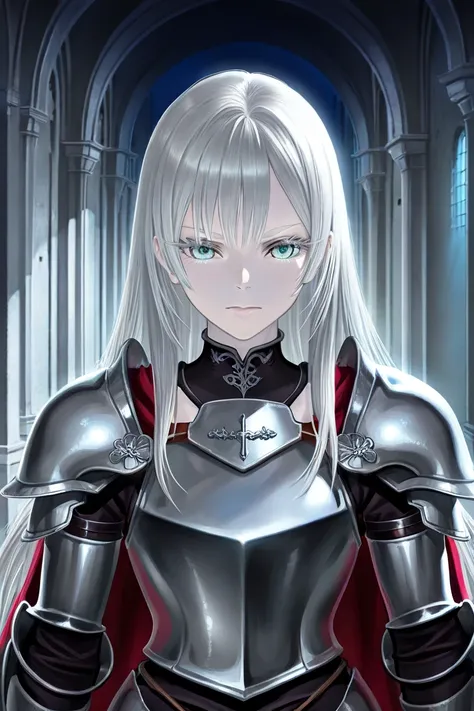 1 girl,medium mature,standing,strong serene look at viewer,aqua eyes,really light Grey pale skin,silver hair,mid long hair,straight hair,silver eyelashes,silver eyebrows,black bronze plate armor,holding the helmet at his waist,posing with a white iron clay...