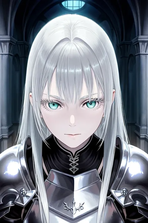 1 girl,medium mature,standing,strong serene look at viewer,aqua eyes,really light Grey pale skin,silver hair,mid long hair,straight hair,silver eyelashes,silver eyebrows,black bronze plate armor,holding the helmet at his waist,posing with a white iron clay...