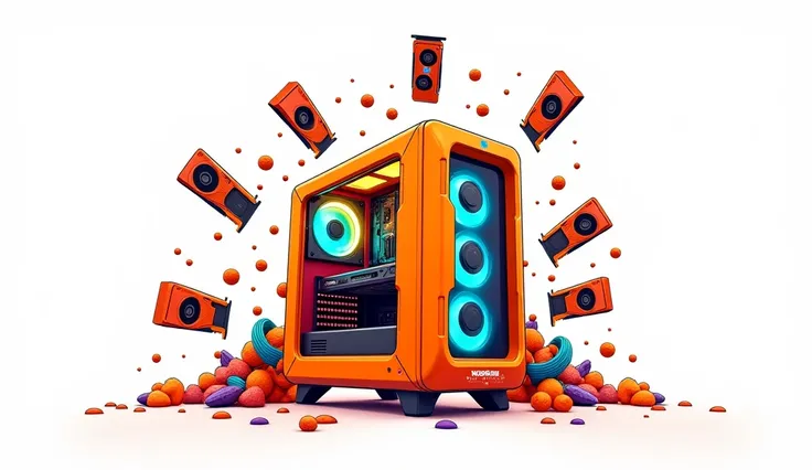 Orange cartoon style gaming PC with premium components and graphics cards falling out on white background.