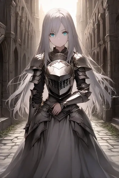 1 girl,medium mature,standing,strong serene look at viewer,aqua eyes,really light Grey pale skin,silver hair,mid long hair,straight hair,silver eyelashes,silver eyebrows,black bronze plate armor,holding the helmet at his waist,posing in semi profile with a...