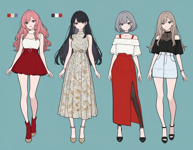 4 adult girls, outfit designs, diverse outfits, full body character design, outfit design, fashion concept art, full character design, colored concept art, character designs, clothing concept, , [ character design ],
