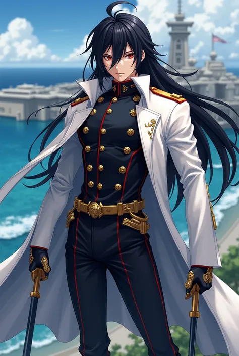 "A highly detailed anime-style illustration of a powerful Marine warrior with jet black, silky long hair and striking red eyes. He has a slim yet commanding presence, wearing a modified Marine uniform with a long white coat draped over his shoulders, adorn...