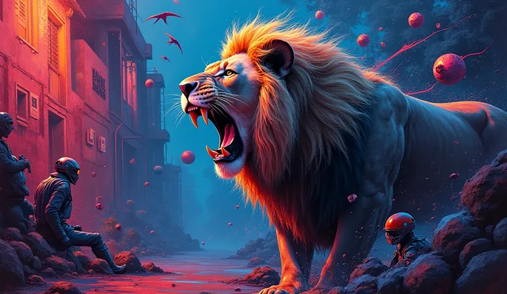 Abstract Painting detailed portrait of a lion roaring, oblique view, night, neon colors, mural elements, painting strokes around, futuristic elements around. Elementos recargados de pintura y rayas artística por el rededor con colores fluorescentes, paisaj...