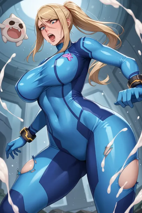 Natural Breast, 
Dimly Lit,
(Zero suit samus) samus aran, (massive boobs), serous, (bodysuit),  curvy body, voluptuous, covered of cum, scared face, torn bodysuit, holding her boobs, eyes wide open, torn bodysuit, suprised mouth, alone, torn bodysuit, rust...