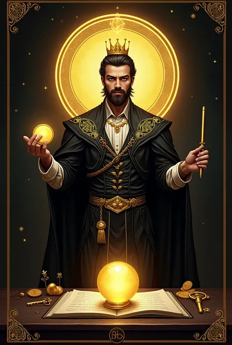 A powerful and elegant figure representing 'The Magician' in a financial tarot deck. He stands before a luxurious dark background with a glowing golden aura, symbolizing financial mastery. In one hand, he holds a shining gold coin; in the other, a pen, rep...