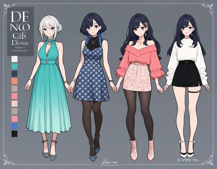 4 adult girls, outfit designs, diverse outfits, full body character design, outfit design, fashion concept art, full character design, colored concept art, character designs, clothing concept, , [ character design ],
