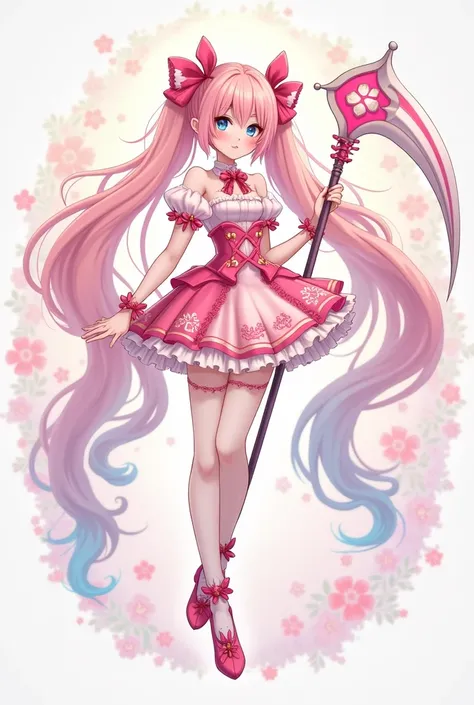 fullbody magical girl oc pastel pink kawaii with scythe reference sheet