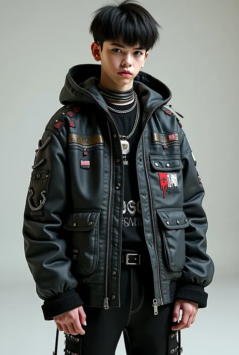  Ultra-realistic boy with punk clothing style, Gothic and very oversized with dark prints  