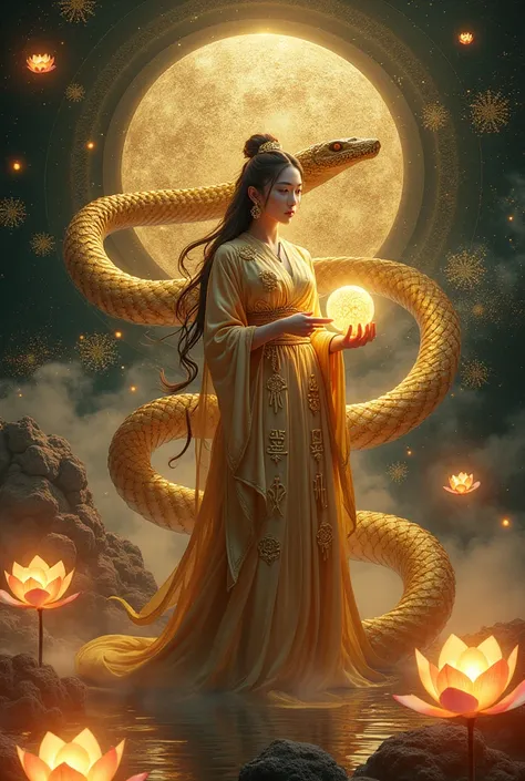 "A mesmerizing and mystical portrait celebrating ''The Year of the Snake''. A celestial serpent coils elegantly, its iridescent scales shimmering in hues of metallic golden yellow, midnight black, and gold. The background is an ethereal fusion of cosmic en...