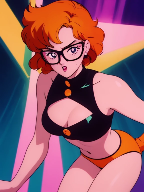 a cute girl with orange hair, freckles, and glasses, seductive pop art style pin-up model, cartoon style ,dynamic pose, cinematic lighting, vibrant colors, complementary color scheme, striking composition